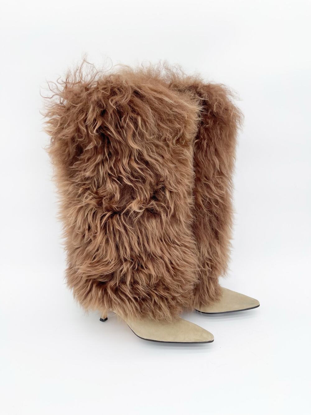 Manolo Blahnik Vintage Beige Suede Shearling Fur Knee High Heeled Boots IT 39.5
